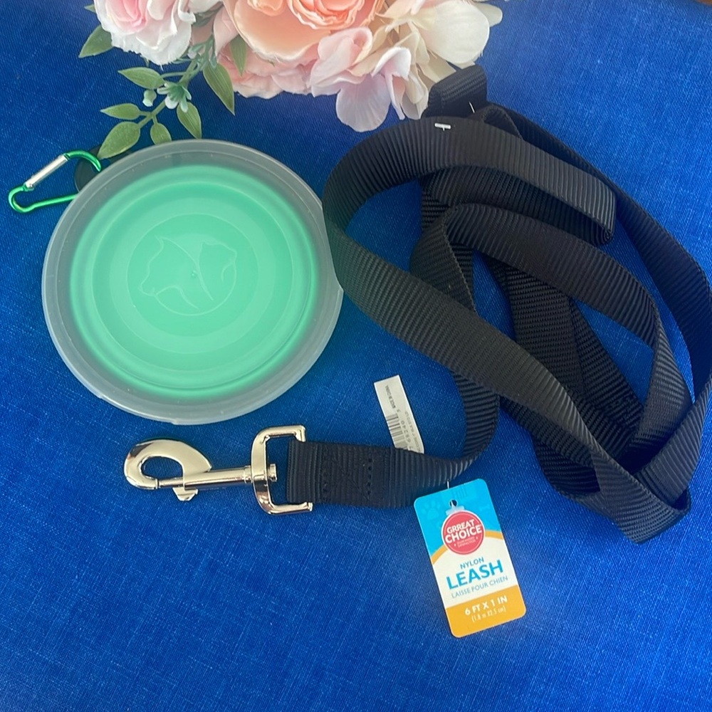 Grreat Choice - Dog Leash - 6 FT - Black With To Go Bowl